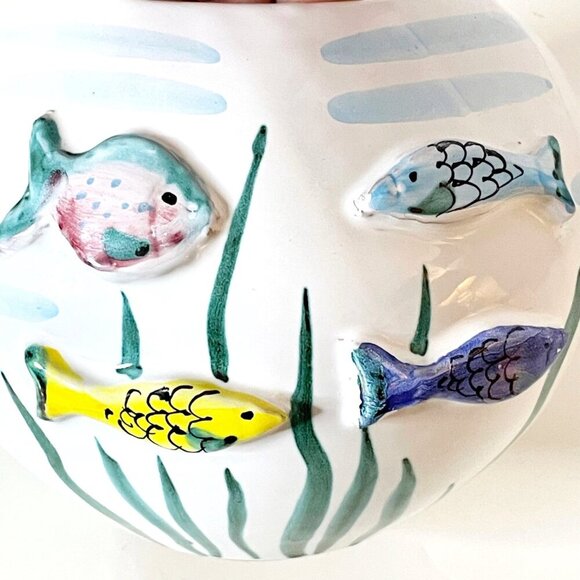 Italian Ceramic Vase with 3D Fish Hand Painted Round Shape Ocean Lake Home Decor - Picture 7 of 7